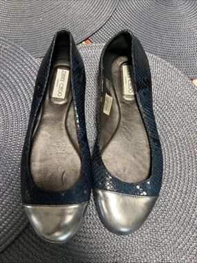 Jimmy Choo Navy Snake-Embossed Flats with Silver Cap Toe